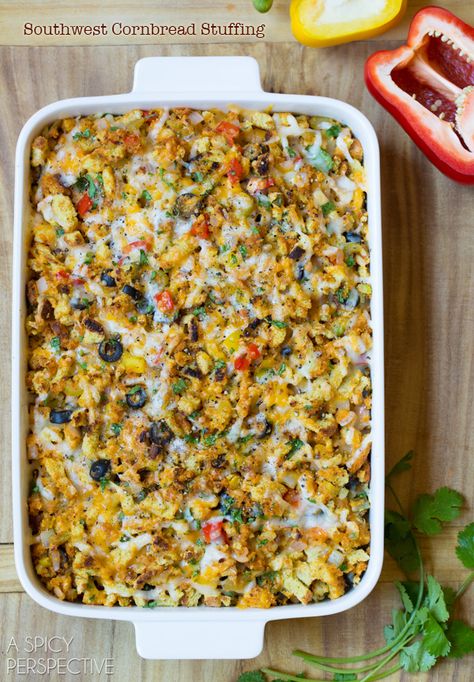 Amazing Southwest Cornbread Stuffing #holiday #thanksgiving #mexican Southwest Cornbread, Mexican Thanksgiving, Southwest Corn, Andouille Sausage Recipes, Mexican Cornbread Recipe, Southern Style Cornbread, Cornbread Stuffing Recipes, Dressing Recipes Thanksgiving, Bread Stuffing