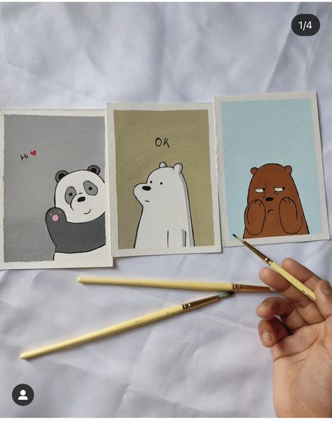 Cute Bear Canvas Painting, Panda Cute Painting, We Bare Bears Watercolor, We Bare Bears Polaroid Painting, Polaroid Drawing Simple, Easy Mini Drawings, We Bare Bears Painting, We Bare Bears Drawing, Mini Canvas Art Easy Cute