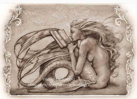 Reading by Renae Taylor.......Matted 11x14. $25.00, via Etsy. Mermaid Reading A Book, Reading A Book Drawing, A Book Drawing, Mermaid Reading, Water Spirit, Mermaids And Mermen, Mermaid Life, Black And White Painting, Book Drawing