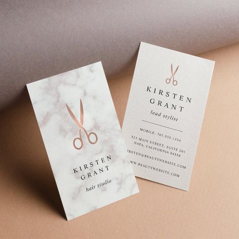 Marble & Rose Gold Scissors Hairstylist Business Card Cosmetology Business Cards, Business Cards Beauty, Chic Business Card, Hair Salon Business, Gold Scissors, Cute Business Cards, Beauty Business Cards, Vertical Business Cards, Stylist Business Cards