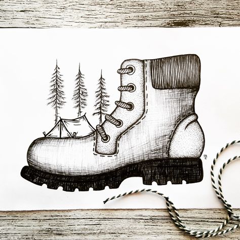 Wander Drawing Ideas, Hiking Boot Drawing, Hike Drawings, Hiking Boots Drawing, Wander Drawing, Hike Drawing, Hiking Sketch, Hiking Doodles, Explorer Drawing