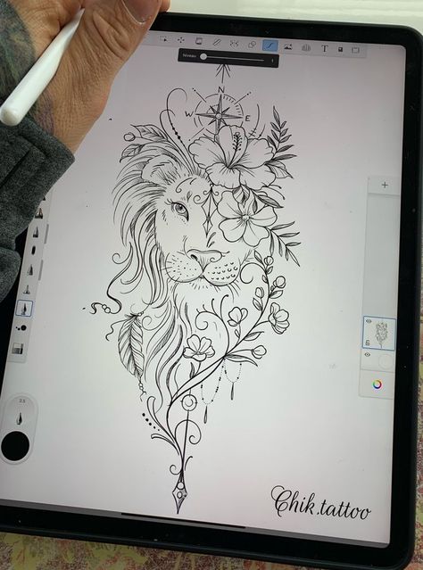 Floral Tattoo Design On Thigh, Pretty Shoulder Tattoos For Women, Momma Tattoo Ideas, Lion Tattoo On Thigh, Lion Shoulder Tattoo, Crown Tattoos For Women, Tattoos Shoulder, Ink Tattoo Design, Tattoo Baby