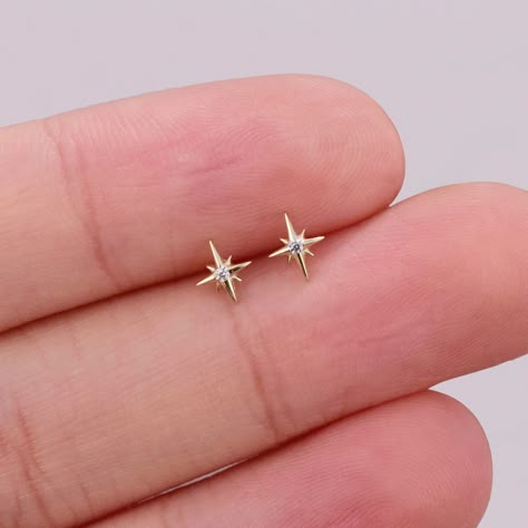 14k Solid Gold Starburst Stud Earring Tiny Star Cartilage Earring Celestial Earring Star Helix Stud Tragus Conch Earring Flat Back Earring - Etsy Tiny Flat Back Earrings, Flat Stud Earrings, Gold Star Earrings Studs, Flat Back Earrings Gold, Earring Star, Star Cartilage Earring, Tragus Piercing Jewelry, Gold Star Earrings, Tragus Jewelry