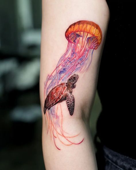 Turtle Leg Tattoo, Traditional Turtle Tattoo Design, Sea Turtle Tattoo Color, Turtle And Jellyfish Tattoo, Medusa Tattoo Animal, Octopus And Sea Turtle Tattoo, Jellyfish And Sea Turtle Tattoo, Sea Horse Tattoo Design, Turtle Tattoo With Color