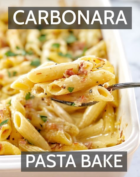 Carbonara Pasta Bake, Baked Chicken Carbonara, Baked Carbonara Pasta, Chicken Carbonara Pasta Bake, Chicken Carbonara Casserole, Steak Carbonara Pasta, Baked Carbonara, Carbonara Bake, Oven Baked Pasta Recipes