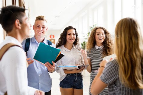 Teenage students walking in high school hall, talking. by halfpoint. Group attractive teenage students walking in high school hall, talking together.#high, #school, #walking, #Teenage School Hall, Walking Women, School Shorts, Kids Literacy, School Librarian, School Photography, Which Is Better, Student Studying, University Student