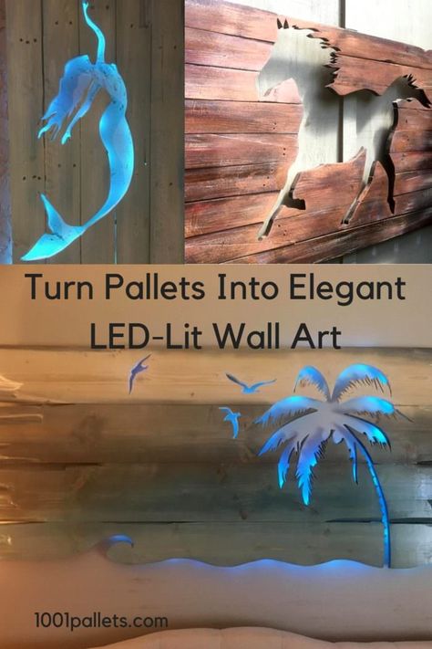 This is my pallet artwork featuring cut out design and paint/stain technique and finished with LED lighting.  #DiyPalletDecor, #PalletHomeDecor, #PalletLight, #PalletWallArt Pallet Artwork, Pallet Woodworking, Pallet Wall Decor, Pallet Home Decor, A Beach Scene, Stain Techniques, Pallet Wall Art, Used Pallets, Tropical Ocean