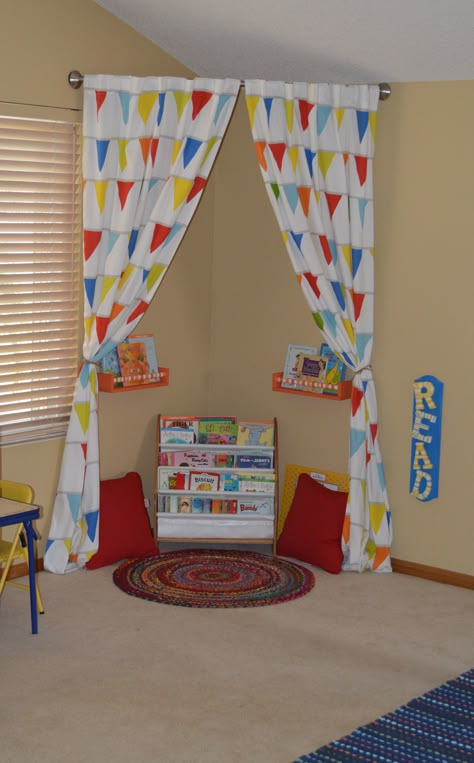 great idea for reading area in child's playroom - just hang curtain rod in the corner with some shelves, pillows, and a rug. Curved Shower Rod, Learning Reading, Shower Rod, In The Corner, A Rug, Big Boy Room, Toy Rooms, Reading Corner, Reading Quotes