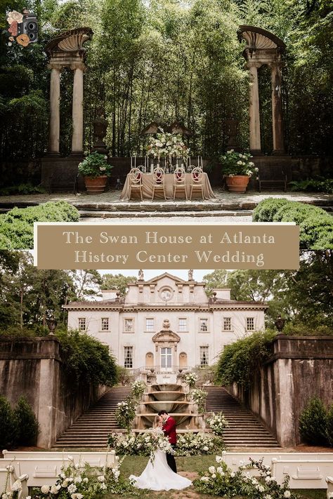 The Swan House Gardens located at the Atlanta History Center is an elegant, luxury venue in Georgia. The iconic 1928 mansion has a grande staircase leading up from the lawn where most ceremonies take place. With it's ivy lined walls, cascading fountains, stone pillars and stunning gardens, it's no wonder we chose the Swan House as the best wedding venue in Georgia! The Swan House Atlanta, Wedding Venues In Georgia, Atlanta History Center Wedding, Wedding Venues Georgia, Swan House Atlanta, The Swan House, Swan House Wedding, Old Westbury Gardens, Stunning Gardens