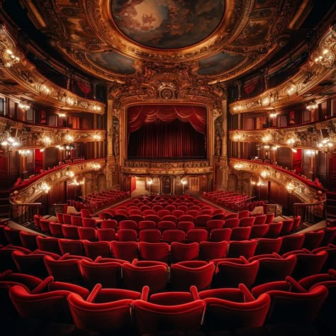 Elegant Theater Interior: A stunning view of an opulent theater interior with plush red seats and ornate decorations. #theater #interior #elegance #red #seats #aiart #aiphoto #stockcake ⬇️ Download and 📝 Prompt 👉 https://ayr.app/l/sKSp Red Theater Aesthetic, Theater Arts Aesthetic, Red Theatre Aesthetic, Live Theatre Aesthetic, Vintage Theatre Aesthetic, Aesthetic Movie Theater, Movie Theatre Aesthetic, Theater Balcony, Baroque Theater