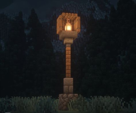 Mincraft Idea Light, Lanterns Minecraft Ideas, Minecraft Streetlight Design, Minecraft Signpost Design, Light Post Minecraft Ideas, Lantern Post Minecraft, Cute Minecraft Lamp Posts, Minecraft Medieval Lamp Post, Minecraft Shandalers