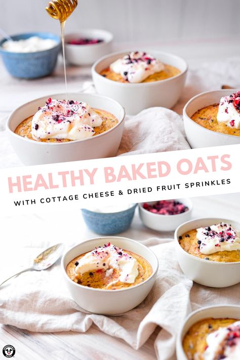 These Cottage Cheese Baked Oats are a healthy take on the viral TikTok baked oats recipe. Made with cottage cheese and topped with Greek yogurt and dried fruit sprinkles, they’re both nutritious and delicious! Baked Oats With Cottage Cheese, Whipped Cottage Cheese Overnight Oats, Baked Oats With Greek Yogurt, Baked Oatmeal With Cottage Cheese, Cottage Cheese Baked Oatmeal, Blended Cottage Cheese Overnight Oats, Cottage Cheese Oatmeal Bake, Cottage Cheese Baked Oats, Overnight Oats With Cottage Cheese