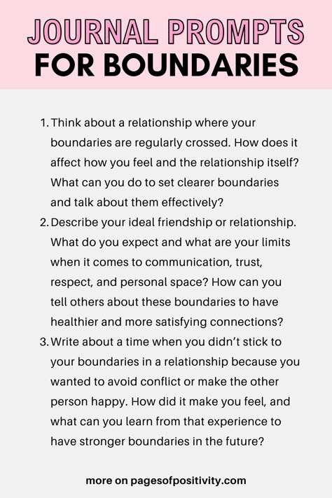 a pin that says in a large font Journal Prompts for Boundaries Self Respect Journal Prompts, Setting Boundaries Journal Prompts, Boundary Journal Prompts, Journal Prompts For Setting Boundaries, Narcissistic Journal Prompts, Journal Prompts For Boundaries, Boundary Questions, Journal Prompts For Divorce, People Pleasing Journal Prompts