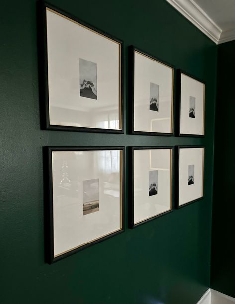 Gallery Wall Frame Black/Brass - … curated on LTK Black Wall With Black Picture Frames, Gallery Wall Powder Room, Black Square Frames Photo Walls, Dark Green Gallery Wall, Gallery Wall Dark, Gallary Wall, Dark Green Walls, Room Makeovers, Black And White Picture Wall