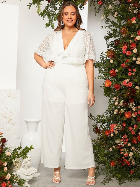 White Elegant  Half Sleeve Polyester Plain Culottes Embellished Non-Stretch  Plus Size Jumpsuits & Bodysuits Cape Jumpsuit, Elegant Plus Size, Lace Cape, Plus Size Bride, Jumpsuit Elegant, Plus Size Jumpsuit, Plus Size Wedding, Wedding Suits, Half Sleeve