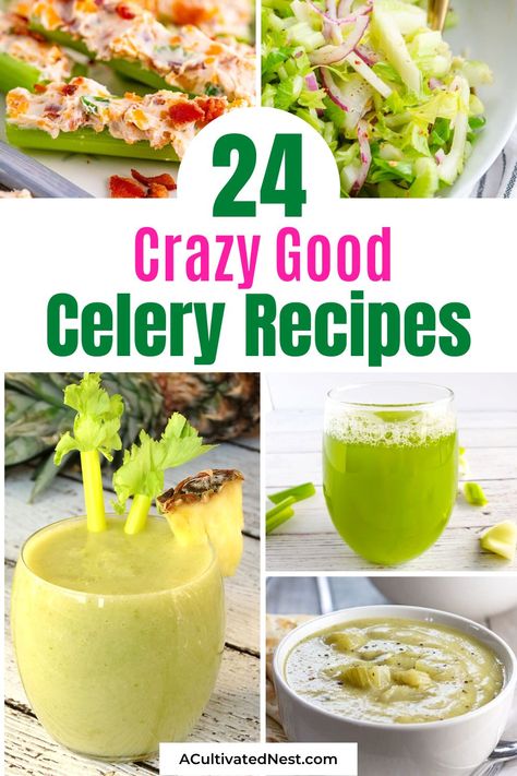 24 Crazy Good Celery Recipes- Celery can be used for more than just plain celery stick snacks. For some healthy, budget-friendly, and delicious ideas, check out these crazy good celery recipes! | #recipes #healthyEating #healthyRecipes #celeryRecipes #ACultivatedNest Recipes To Use Up Celery, Using Up Celery, Low Carb Celery Recipes, What To Do With Extra Celery, Celery Meal Ideas, Roasted Celery Recipes, Cooking With Celery, Ways To Eat Celery, Ways To Use Celery