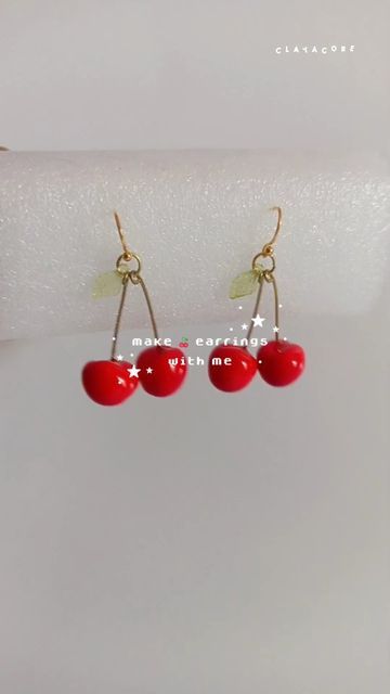 Cherry earrings, clay earrings, french ear hooks, fish hook earrings, polymer clay, red cherry, cherry and leaf, Korean earrings, kawaii earrings, fruit earrings, handmade jewellery, clay jewellery, Indian clay shop, Indian small business, Indian handmade. Cherry Earrings, How To Make Earrings, Earrings Handmade, Polymer Clay, Cherry, Instagram