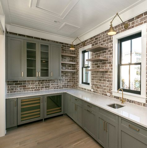 Sherwin Williams Classic French Gray Cabinet Color Sherwin Williams Classic French Gray Diy Brick Wall, Downstairs Bar, Farmhouse Addition, Gray Cabinet Color, Lake Kitchen, House Renos, Kitchens Cabinets, Herringbone Backsplash, Brick Backsplash