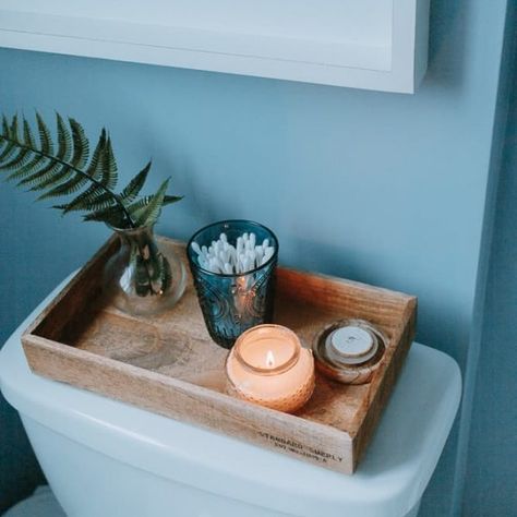 love the simple but cute layout of this. would remove the q-tip container and replace with cute crystal/geode. would also replace the plant with a larger one. is a cute decor piece, just not for on top of toilet Back Of Toilet Tray, Toilet Tray, Turkish Tiles, Apartment Decoration, Bathroom Decor Apartment, Toilet Tank, Household Decor, Household Furniture, Kitchen Area