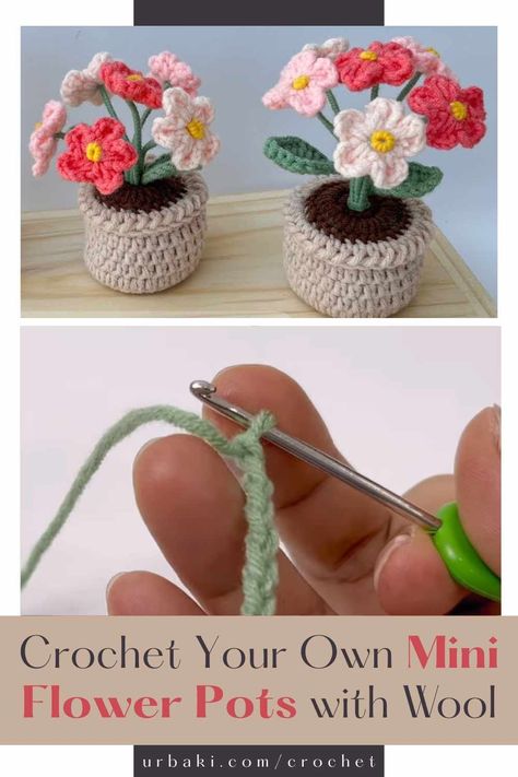 If you're a crafty plant lover, we have a delightful DIY project for you! In this tutorial, we'll show you how to crochet mini flower pots using soft and colorful wool. These adorable creations will add a touch of charm to your home decor and make perfect gifts for friends and loved ones. Get your crochet hooks ready, gather your favorite yarn, and let's embark on a journey of creativity and botanical beauty! Congratulations on creating your very own crochet mini flower pots with wool... Crochet Flower And Pot, Crochet Pot Of Flowers, Crochet Mini Flower Pot Free Pattern, Crochet Pots For Plants, Flower Pot Crochet Pattern Free, Crochet Potted Flowers, Mini Flower Crochet Pattern Free, Crochet Small Projects Gift Ideas, Crochet Flower Pots Free Pattern