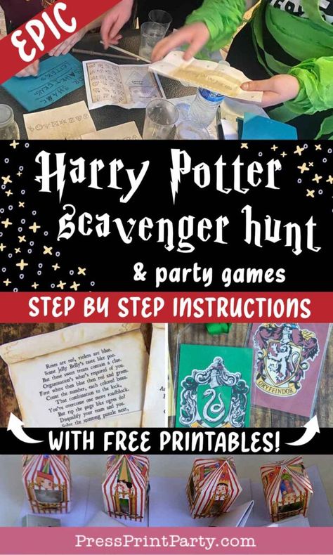 Discover epic Harry Potter scavenger hunt and party game ideas for kids and adults! Get free printables, DIY setup tips, and aesthetic inspiration to create magical memories. Perfect for any Potter fan, our guide will help you set up engaging activities and create an unforgettable birthday party experience. Check it out now! Press Print Party! Pin The Scar On Harry Potter Printable Free, Harry Potter Theme Party Games, Harry Potter Party Games For Kids, Harry Potter Scavenger Hunt Clues, Harry Potter Party For Adults, Harry Potter Birthday Activities, Harry Potter Games For Adults, Harry Potter 11th Birthday Ideas, Harry Potter Games For Kids