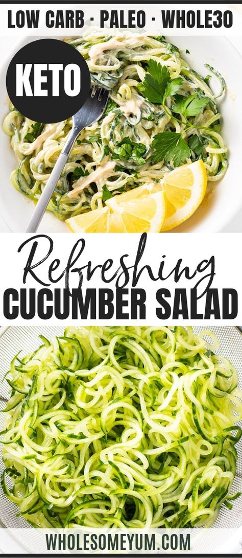 How To Make Cucumber Noodles (Salad Recipe) - Learn how to make cucumber noodles! This cucumber noodle salad recipe with tahini sauce is easy, healthy, and refreshing. GF, whole30, low carb, and keto. #wholesomeyum #cucumber #cucumbersalad #keto #lowcarb #ketorecipes #lowcarbrecipes Recipe With Tahini, Cucumber Noodle Salad, Cucumber Pasta, Boursin Recipes, Noodles Salad, Diet Salad, Tahini Sauce Recipe, Cucumber Noodles, Tahini Recipe