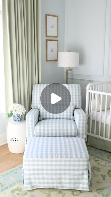 Namesake Nursery, Preppy Boy Nursery, Chair In Nursery, Blue And Green Nursery, Blue Green Nursery, Blue Upholstered Chair, Girl Nursery Themes, Nursery Glider, Kid Rooms