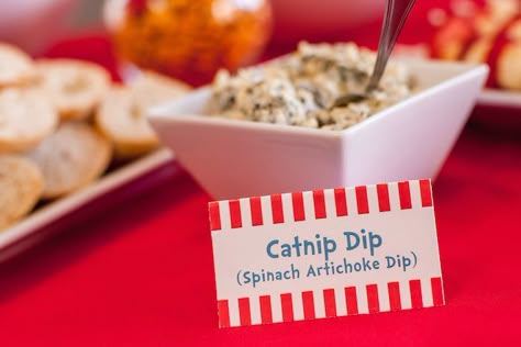 Catnip Dip from Cat in the Hat Themed Birthday Party at Kara's Party Ideas. See more at karaspartyideas.com! Birthday Party Cat Theme Food Ideas, Kitten Birthday Party Food, Cat Theme Food Ideas, Cat Themed Appetizers, Cat In The Hat Themed Snacks, Gabby Cat Birthday Party Food, Cat Party Ideas Food, Kitten Party Food, Cat Birthday Party Snacks