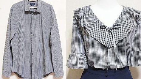 How To Make A Blouse From A Man’s Shirt | DIY Joy Projects and Crafts Ideas Men’s Shirt To Blouse, Repurposed Mens Dress Shirt, Refashion Men's Shirts To Women's Diy, Upcycle Man Shirt, Upcycled Mens Shirt, Upcycled Button Down Shirt, Blouse Hacks Ideas, How To Make A Shirt, Sewing Top Ideas