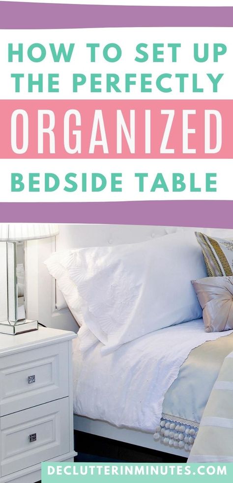 How to organize a nightstand so you can get a better night's sleep. DIY bedside table organizers that will keep your nightstand clutter-free. How to declutter a nightstand. How to set up a nightstand for your bedroom. Nightstand options for your bedroom. How to organize a man's nightstand. How to organize a woman's nightstand. #organize #nightstand #bedsidetable #diybedroomorganizers #declutterinminutes What To Store In Nightstand Drawers, Night Stand Organization Bedside Tables, Organize Bedside Table, Declutter Nightstand, Nightstand Organization Ideas Bedroom, Night Stand Storage Ideas, Nightstand Necessities, Organize Nightstand Drawer, Organizing Nightstand