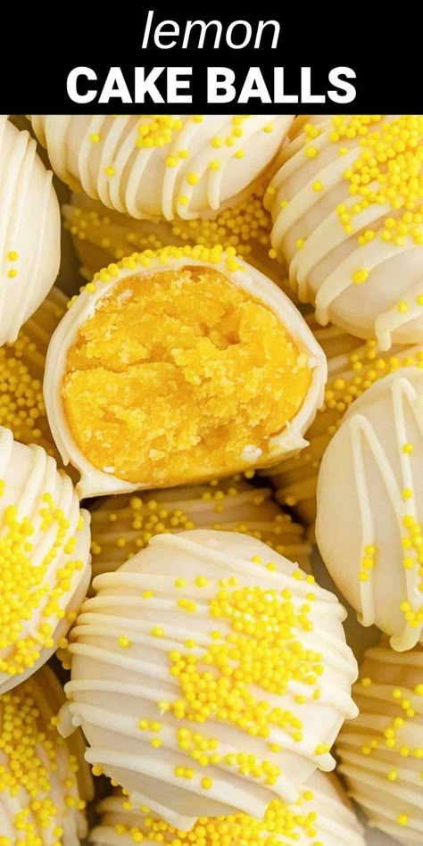 yellow cake balls with white chocolate coating and yellow sprinkles Lemon Cake Truffles, Fish Bowl Cake Pops, Lemon Drop Cake Bites, Easy Cake Pops 3 Ingredients, Lemon Cake Balls Recipe, Easy Cake Balls Recipe, Yellow Food Ideas, Cake Cycles, Lemon Balls Recipe