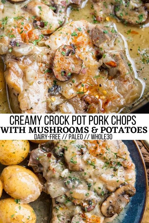 Slow Cooker Pork Chops With Potatoes And Onions, Pork And Mushroom Recipes Slow Cooker, Pork Chop And Mushrooms Recipes Crockpot, Gluten Free Pork Chops, Smothered Pork Chops Crock Pot, Paleo Pork Chops, Pork Chops With Potatoes, Potatoes And Mushrooms, Crock Pot Pork Chops