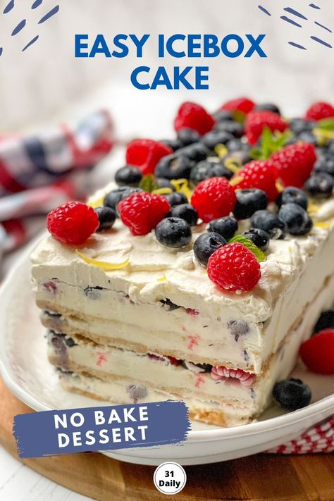 This no bake Icebox Cake is an easy, vintage-style no bake dessert recipe, perfect for summer. A simple layer cake made with sweet berries, graham crackers, and a delicious lemon-flavored whipped cream. Easy to make in 10 minutes plus freezing time, it’s perfect for summer gatherings all season. No Bake Icebox Cake, Simple Layer Cake, Graham Cracker Dessert, Icebox Cakes, Flavored Whipped Cream, Icebox Cake Recipes, Box Recipes, Summer Grilling Recipes, Berries Recipes