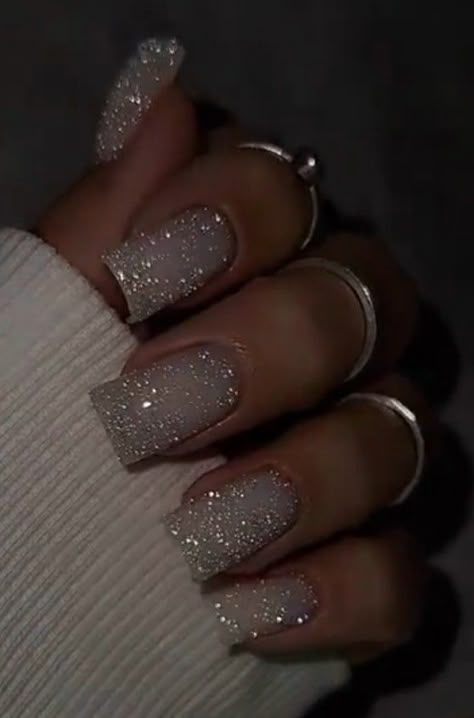 White Silver Wedding Nails, Nails For Grey Dress, Square Glitter Acrylic Nails, Nude And Silver Nail Designs, Silver Nails Sparkle, Gray Sparkle Nails, Silver Square Nails, Grey Sparkly Nails, Grey Sparkle Nails