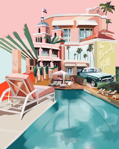 Beverly Hills Illustration, The Beverly Hills Hotel Aesthetic, Beverly Hills Hotel Aesthetic, Beverly Hills Hotel Pool, Beverly Hills Aesthetic, Hotel Style Bathroom, Vintage Beverly Hills, The Beverly Hills Hotel, Hotel Party