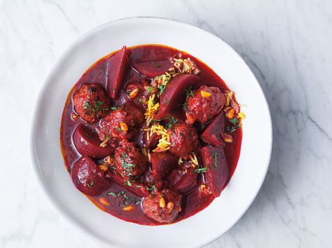 For this traditional Iraqi-Jewish dish, ground-lamb meatballs are braised in a vibrant beet stew. SAVEUR test kitchen assistant Yael Coty learned to make this dish from her grandparents, who left Iraq for Israel in 1950. Beet Stew, Ground Lamb Meatballs, Hearty Recipes, Goat Recipes, Lamb Meatballs, Lamb Stew, Beet Recipes, Italian Meatballs, Ground Lamb