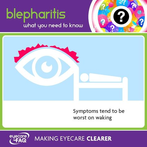 If you or someone you care for has red, itchy sore eyelids, this may be a sign of an eye condition called blepharitis. It can cause a gritty or burning sensation in the eye, and make you sensitive to light. You may have crusty eyelashes and/or swollen lid margins. Some people can find it affects the growth of eyelashes. Most commonly it occurs in both eyes, and symptoms tend to be worst on waking. Crusty Eyelashes, Eye Health, Chicago Cubs Logo, An Eye, A Sign, Eye Care, Some People, Sport Team Logos, Eyelashes