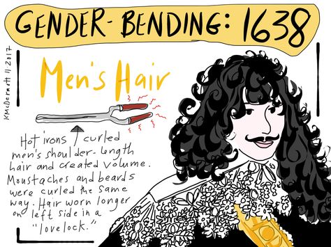 Gender-Bending, 1638: Men’s Hair original art by Kathleen McDermott / lovelock / hair fashion / men’s fashion / 17th century / fashion history/ fashion illustration Lovelock Hair, Locks Hairstyle, Desert Clothing, Daily Sketchbook, Love Locks, Gender Bending, Styles For Short Hair, Customization Ideas, 17th Century Fashion