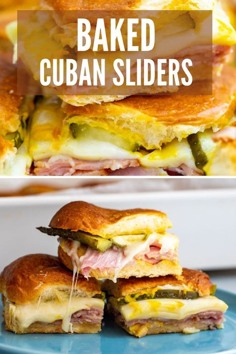 These Baked Cuban Sliders are stuffed with ham, pickles, swiss cheese, and mustard and lightly pressed while they bake. So delicious! #sliders #cuban #Sandwich #appetizer Grilled Cuban Sandwich, Mini Cuban Sliders, Mini Cuban Sandwiches, Cuban Sliders Recipes, Cuban Sliders Hawaiian Rolls, Cubano Sliders, Cuban Mojo Sauce, Cuban Sandwich Sliders, Sandwich Appetizer