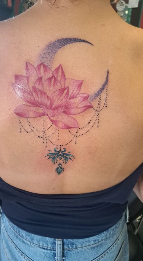 Chinese Moon Tattoo, Water Lily And Moon Tattoo, Lotus Flower Moon Tattoo, Lotus Flower And Moon Tattoo, Flower And Moon Tattoo, Lotus Moon Tattoo, Moon And Lotus Tattoo, Purple Lotus Tattoo, Henna Moon