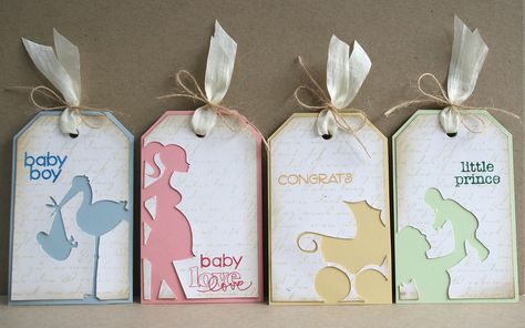 Baby Tags | Flickr - Photo Sharing! good idea....and change for Christmas or anything Hangtag Design, Cricut Tags, 3d Silhouette, Simple Applique, Scrapbook Bebe, Baby Gift Tags, Elsa Birthday, Scrapbook Tag, Cricut Cards