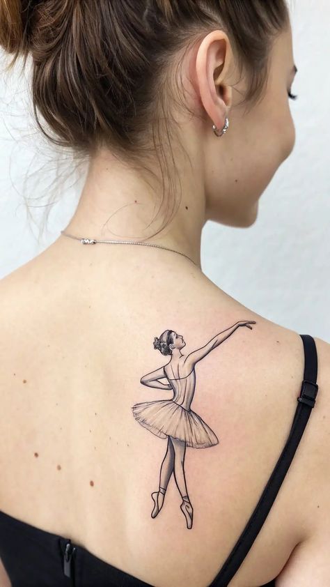 Embody the elegance of ballet with a classic ballerina pose design tattoo! Timeless and beautiful, this tattoo is a must-have for ballet lovers. #ClassicBallerina #PoseDesign #ElegantTattoos Ballet Tattoos, Ballerina Tattoo, Ballerina Poses, Ballet Designs, Scene Tattoo, Ballerina Silhouette, Birth Flower Tattoos, Fairy Tattoo, Elegant Tattoos