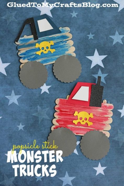 Popsicle Stick Monster Trucks - Kid Craft Monster Truck Kids, Truck Crafts, Transportation Crafts, Popsicle Crafts, Craft Sticks, Transportation Theme, Kids Craft Ideas, Stick Crafts, Popsicle Stick Crafts