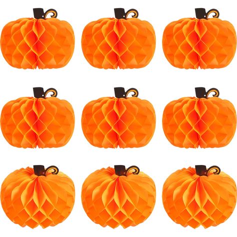 Paper Pumpkin Decorations, Fall Festival Party, Thanksgiving Party Decorations, Fall Party Themes, Tissue Pom Poms, Honeycomb Decorations, Orange Party, Pumpkin Party, Pumpkin Centerpieces