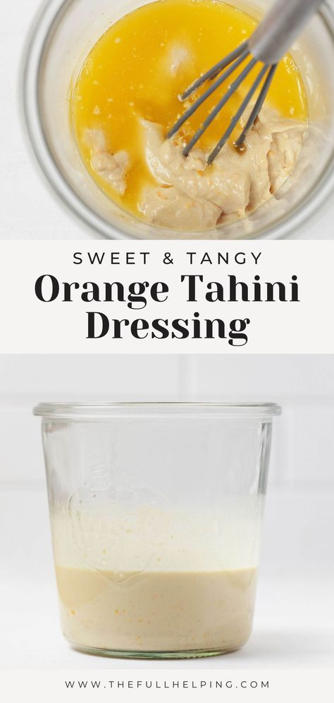 An orange tahini dressing is in a glass, weck mason jar. It rests on a white surface with a tiled backdrop. Orange Tahini Dressing, Carrots With Tahini Sauce, Spicy Tahini Dressing, Sweet And Spicy Tahini Sauce, Carrot Tahini Salad, Tahini Dressing For Roasted Vegetables, Citrus Tahini Dressing, Salad Lovers, Salads Bowls