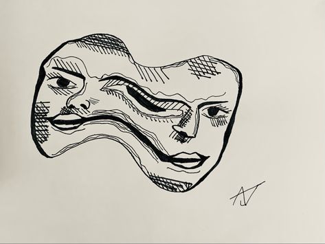 Face Split Art, Two Faced Sketch, Face Split Tattoo, Melting Faces Drawings, Blurred Face Tattoo, Two Faces Melting Together Art, Faces Melting Together Art, Stretched Face Art, Double Personality Tattoo