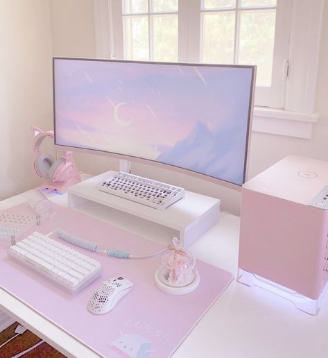 Pink Set Up, Pink Setup, Pc Ideas, Dream Desk, Study Desk Decor, Gamer Setup, Gamer Room Decor, Video Game Room Design, Pc Setups