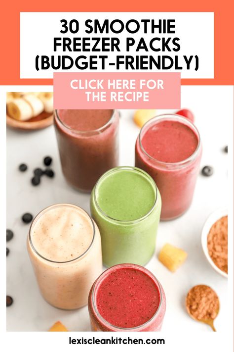 Frozen Smoothie Packs (5 Recipes, 30 Smoothie Bags) - Lexi's Clean Kitchen Smoothie Bags Freezer Recipes, Smoothie Packs Make Ahead, Smoothie Freezer Packs Recipes, Freeze Smoothies Make Ahead, Meal Prep Smoothies Freezer, Make Ahead Smoothie Packs, Smoothie Bags, Frozen Smoothie Packs, Make Ahead Smoothies