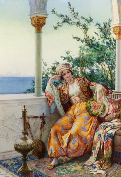 A Turkish Beauty Resting on a Terrace by Amedeo Momo Simonetti - Art Renewal Center Middle Eastern Art, Arabian Art, Soyut Sanat Tabloları, Eastern Art, Turkish Art, Arabic Art, Turkish Beauty, Historical Art, Portrait Art