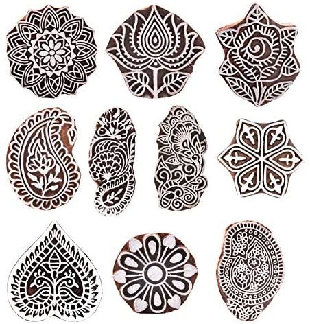 Hashcart Hand-Carved Wooden Baren/Motif Printing Block For Artistic Design On Saree Border/Painting: Amazon.co.uk: Kitchen & Home Vegetable Printing Designs, Vegetable Printing, Mughal Design, Diy Henna, Wooden Printing Blocks, Hand Carved Stamps, Stamp Blocks, Saree Border, Stamp Printing